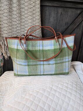 Universal Thread Plaid Tote Bag, Green Blue, NWT